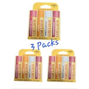3X Burt's Bees 4 Pack Lip Balm Set, Pink Grapefruit, Mango, Pomegranate, Coconut